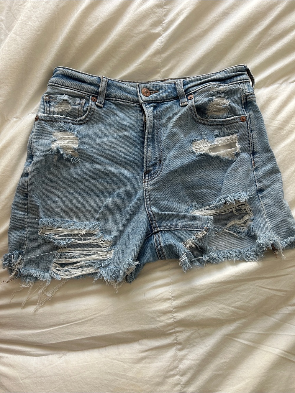 High-Rise Distressed Denim Jean Shorts - Light Blue